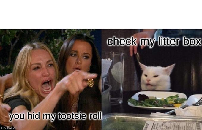 Woman Yelling At Cat Meme | check my litter box; you hid my tootsie roll | image tagged in memes,woman yelling at cat | made w/ Imgflip meme maker