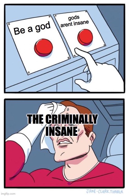Two Buttons | gods arent insane; Be a god; THE CRIMINALLY INSANE | image tagged in memes,two buttons | made w/ Imgflip meme maker