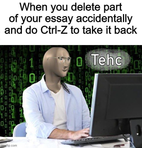 tehc | When you delete part of your essay accidentally and do Ctrl-Z to take it back | image tagged in tehc | made w/ Imgflip meme maker