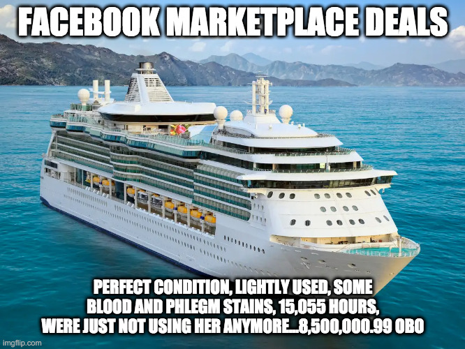 FACEBOOK MARKETPLACE DEALS; PERFECT CONDITION, LIGHTLY USED, SOME BLOOD AND PHLEGM STAINS, 15,055 HOURS, WERE JUST NOT USING HER ANYMORE...8,500,000.99 OBO | image tagged in cruiseships for sale | made w/ Imgflip meme maker