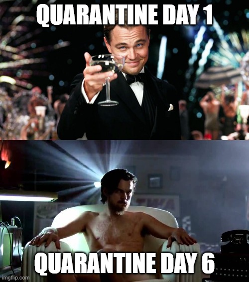 DiCaprio Quarantine | QUARANTINE DAY 1; QUARANTINE DAY 6 | image tagged in quarantine | made w/ Imgflip meme maker