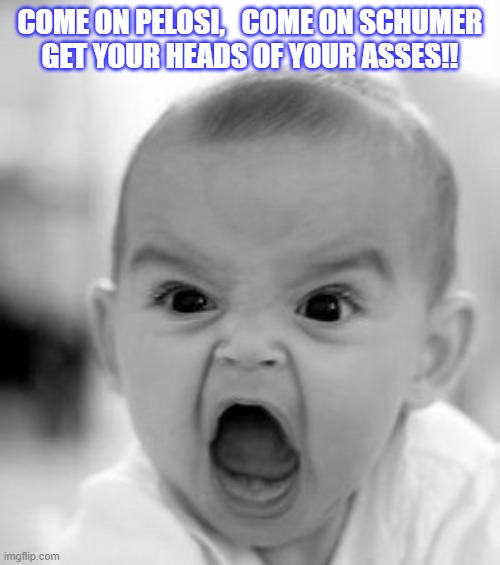 Angry Baby Meme | COME ON PELOSI,   COME ON SCHUMER
GET YOUR HEADS OF YOUR ASSES!! | image tagged in memes,angry baby | made w/ Imgflip meme maker