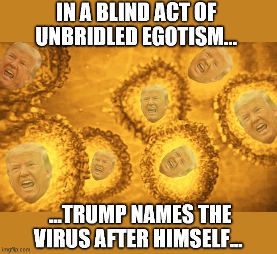 TrumpVirus 2.0. | IN A BLIND ACT OF UNBRIDLED EGOTISM... ...TRUMP NAMES THE VIRUS AFTER HIMSELF... | image tagged in coronavirus,covid-19,trump is a moron | made w/ Imgflip meme maker