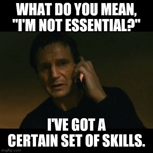 Liam Neeson Taken Meme | WHAT DO YOU MEAN, "I'M NOT ESSENTIAL?"; I'VE GOT A CERTAIN SET OF SKILLS. | image tagged in memes,liam neeson taken | made w/ Imgflip meme maker