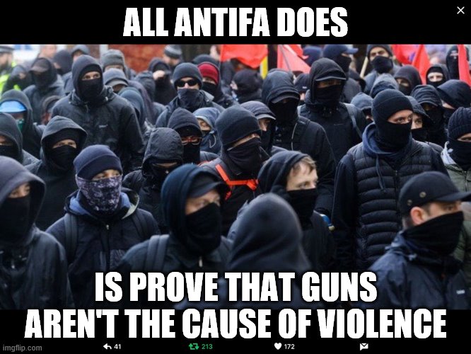 Antifa | ALL ANTIFA DOES; IS PROVE THAT GUNS AREN'T THE CAUSE OF VIOLENCE | image tagged in antifa | made w/ Imgflip meme maker
