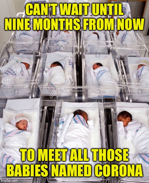OK Boomer II | CAN’T WAIT UNTIL NINE MONTHS FROM NOW; TO MEET ALL THOSE BABIES NAMED CORONA | image tagged in corona,isolation,babies,boomer | made w/ Imgflip meme maker
