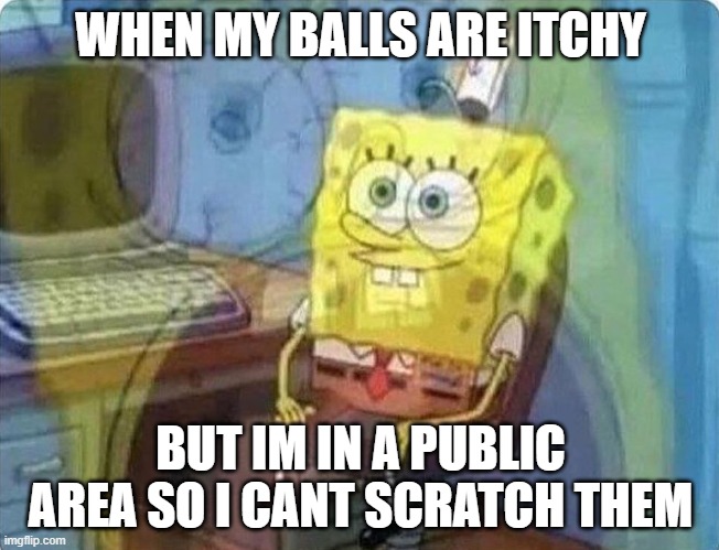 spongebob screaming inside | WHEN MY BALLS ARE ITCHY; BUT IM IN A PUBLIC AREA SO I CANT SCRATCH THEM | image tagged in spongebob screaming inside | made w/ Imgflip meme maker