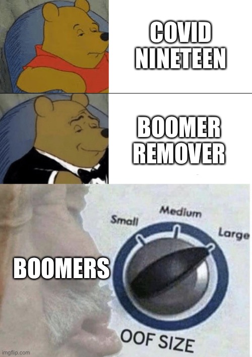 COVID NINETEEN; BOOMER REMOVER; BOOMERS | image tagged in memes,tuxedo winnie the pooh,oof size large | made w/ Imgflip meme maker