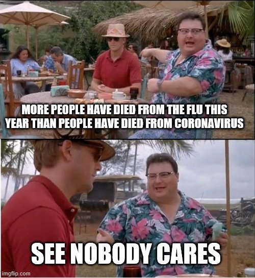 See Nobody Cares | MORE PEOPLE HAVE DIED FROM THE FLU THIS YEAR THAN PEOPLE HAVE DIED FROM CORONAVIRUS; SEE NOBODY CARES | image tagged in memes,see nobody cares | made w/ Imgflip meme maker