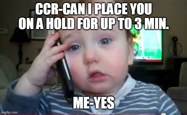 CCR-CAN I PLACE YOU ON A HOLD FOR UP TO 3 MIN. ME-YES | image tagged in customer service | made w/ Imgflip meme maker