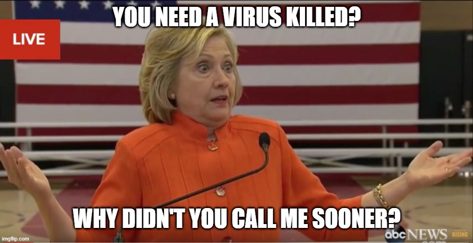 Hillary Clinton IDK | YOU NEED A VIRUS KILLED? WHY DIDN'T YOU CALL ME SOONER? | image tagged in hillary clinton idk | made w/ Imgflip meme maker
