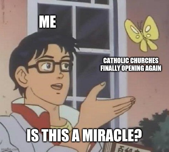 Is This A Pigeon | ME; CATHOLIC CHURCHES FINALLY OPENING AGAIN; IS THIS A MIRACLE? | image tagged in memes,is this a pigeon | made w/ Imgflip meme maker