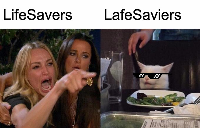 Woman Yelling At Cat Meme | LifeSavers; LafeSaviers | image tagged in memes,woman yelling at cat | made w/ Imgflip meme maker