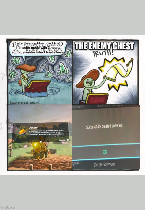 The Scroll Of Truth Meme | after beating blue bokoblins in master mode with 3 hearts and 25 minutes later I finally have; THE ENEMY CHEST | image tagged in memes,the scroll of truth,TheLegendOfZeldaMemes | made w/ Imgflip meme maker
