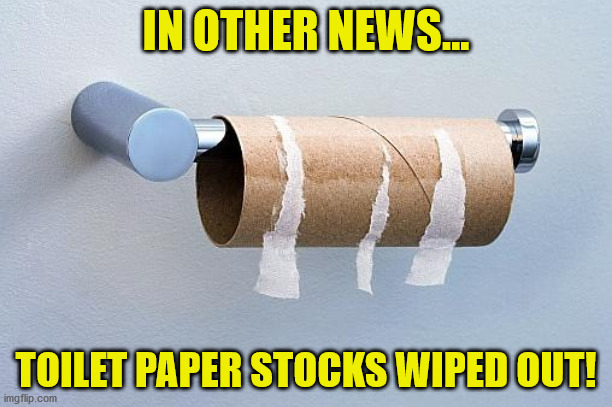 No More Toilet Paper | IN OTHER NEWS... TOILET PAPER STOCKS WIPED OUT! | image tagged in no more toilet paper | made w/ Imgflip meme maker