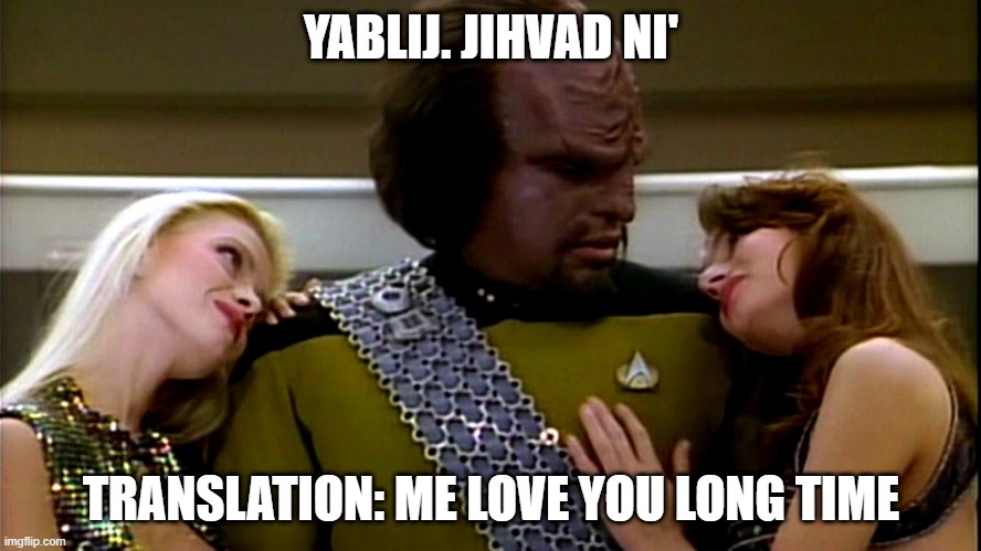 Babes on Klingon | YABLIJ. JIHVAD NI'; TRANSLATION: ME LOVE YOU LONG TIME | image tagged in star trek worf sexy | made w/ Imgflip meme maker