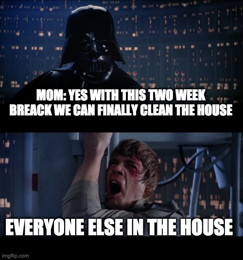 Star Wars No Meme | MOM: YES WITH THIS TWO WEEK BREACK WE CAN FINALLY CLEAN THE HOUSE; EVERYONE ELSE IN THE HOUSE | image tagged in memes,star wars no | made w/ Imgflip meme maker
