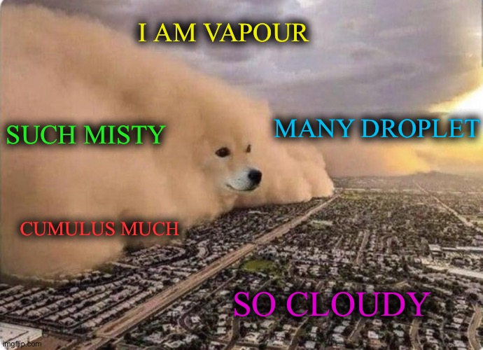 Ominous Doge Forming | I AM VAPOUR; SUCH MISTY; MANY DROPLET; CUMULUS MUCH; SO CLOUDY | image tagged in doge cloud,pie charts,batman slapping robin,bad luck brian,x x everywhere,memes | made w/ Imgflip meme maker