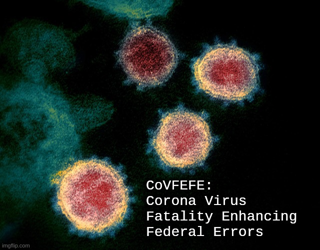 The True Meaning of CoVFEFE: Corona Virus Fatality Enhancing Federal Errors | CoVFEFE:
Corona Virus
Fatality Enhancing
Federal Errors | image tagged in covfefe,corona virus | made w/ Imgflip meme maker