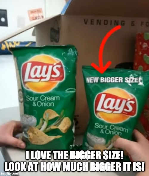 Lays logic | I LOVE THE BIGGER SIZE! LOOK AT HOW MUCH BIGGER IT IS! | image tagged in dumb,memes,funny | made w/ Imgflip meme maker