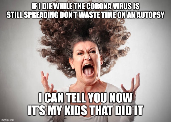 Crazy Mom | IF I DIE WHILE THE CORONA VIRUS IS STILL SPREADING DON’T WASTE TIME ON AN AUTOPSY; I CAN TELL YOU NOW IT’S MY KIDS THAT DID IT | image tagged in crazy mom | made w/ Imgflip meme maker