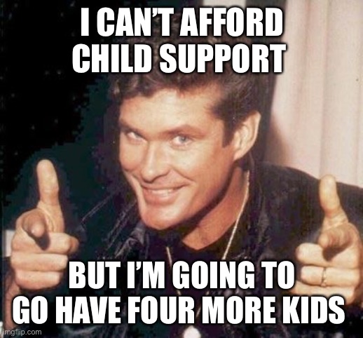 The Hoff thinks your awesome | I CAN’T AFFORD CHILD SUPPORT; BUT I’M GOING TO GO HAVE FOUR MORE KIDS | image tagged in the hoff thinks your awesome | made w/ Imgflip meme maker
