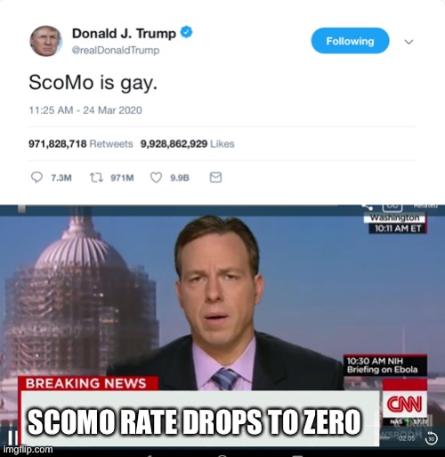 SCOMO RATE DROPS TO ZERO | image tagged in cnn breaking news template | made w/ Imgflip meme maker
