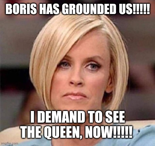Karen, the manager will see you now | BORIS HAS GROUNDED US!!!!! I DEMAND TO SEE THE QUEEN, NOW!!!!! | image tagged in karen the manager will see you now | made w/ Imgflip meme maker