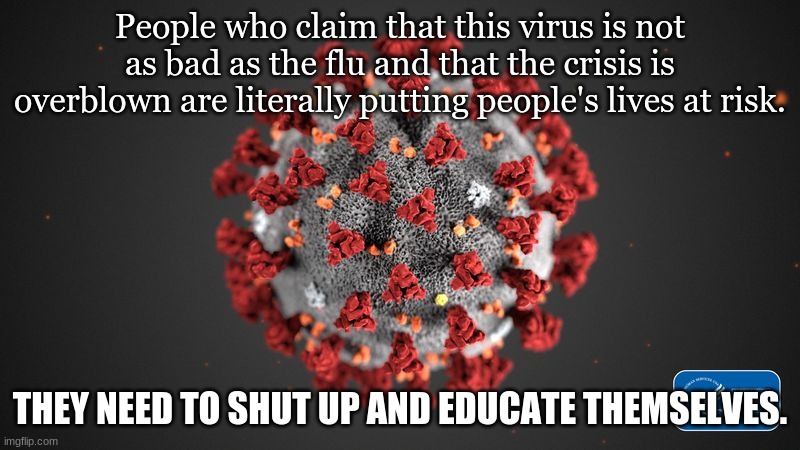 Covid 19 | People who claim that this virus is not as bad as the flu and that the crisis is overblown are literally putting people's lives at risk. THEY NEED TO SHUT UP AND EDUCATE THEMSELVES. | image tagged in covid 19 | made w/ Imgflip meme maker