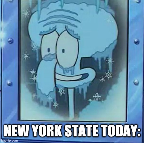 It's freaken snowing! | NEW YORK STATE TODAY: | image tagged in frozen squidward,new york,memes | made w/ Imgflip meme maker