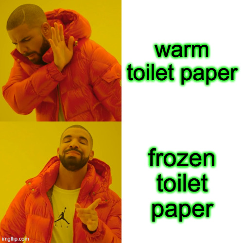 Drake Hotline Bling Meme | warm toilet paper frozen toilet paper | image tagged in memes,drake hotline bling | made w/ Imgflip meme maker