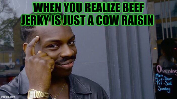 Roll Safe Think About It | WHEN YOU REALIZE BEEF JERKY IS JUST A COW RAISIN | image tagged in memes,roll safe think about it | made w/ Imgflip meme maker