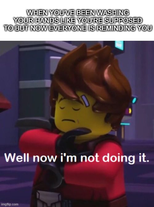 Well now i'm not doing it. | WHEN YOU'VE BEEN WASHING YOUR HANDS LIKE YOU'RE SUPPOSED TO BUT NOW EVERYONE IS REMINDING YOU | image tagged in blank white template,ninjago,lego,kai,well now i am not doing it | made w/ Imgflip meme maker