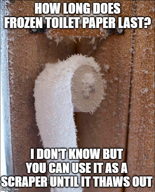 TP 4 my bunghole | HOW LONG DOES FROZEN TOILET PAPER LAST? I DON'T KNOW BUT YOU CAN USE IT AS A SCRAPER UNTIL IT THAWS OUT | image tagged in toilet paper | made w/ Imgflip meme maker