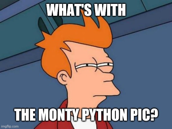 Futurama Fry Meme | WHAT'S WITH THE MONTY PYTHON PIC? | image tagged in memes,futurama fry | made w/ Imgflip meme maker