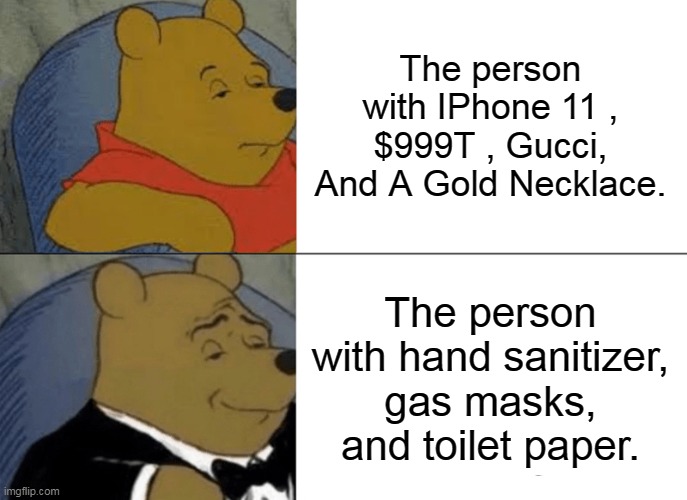 Tuxedo Winnie The Pooh | The person with IPhone 11 , $999T , Gucci, And A Gold Necklace. The person with hand sanitizer, gas masks, and toilet paper. | image tagged in memes,tuxedo winnie the pooh | made w/ Imgflip meme maker