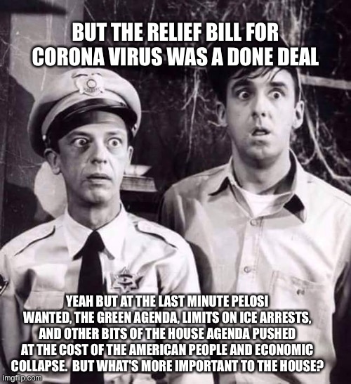 Barney n Gomer | BUT THE RELIEF BILL FOR CORONA VIRUS WAS A DONE DEAL; YEAH BUT AT THE LAST MINUTE PELOSI WANTED, THE GREEN AGENDA, LIMITS ON ICE ARRESTS, AND OTHER BITS OF THE HOUSE AGENDA PUSHED AT THE COST OF THE AMERICAN PEOPLE AND ECONOMIC COLLAPSE.  BUT WHAT'S MORE IMPORTANT TO THE HOUSE? | image tagged in barney n gomer | made w/ Imgflip meme maker