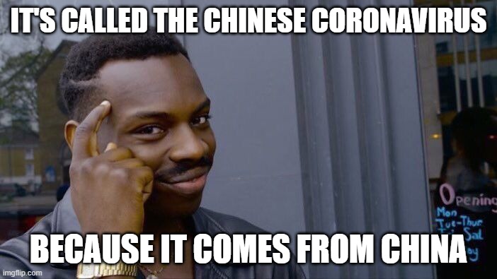 Roll Safe Think About It Meme | IT'S CALLED THE CHINESE CORONAVIRUS; BECAUSE IT COMES FROM CHINA | image tagged in memes,roll safe think about it | made w/ Imgflip meme maker