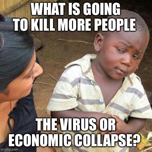 Third World Skeptical Kid | WHAT IS GOING TO KILL MORE PEOPLE; THE VIRUS OR ECONOMIC COLLAPSE? | image tagged in memes,third world skeptical kid | made w/ Imgflip meme maker