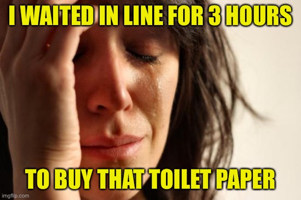 First World Problems Meme | I WAITED IN LINE FOR 3 HOURS TO BUY THAT TOILET PAPER | image tagged in memes,first world problems | made w/ Imgflip meme maker