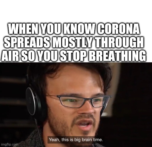 Yeah, this is big brain time | WHEN YOU KNOW CORONA SPREADS MOSTLY THROUGH AIR SO YOU STOP BREATHING | image tagged in yeah this is big brain time | made w/ Imgflip meme maker