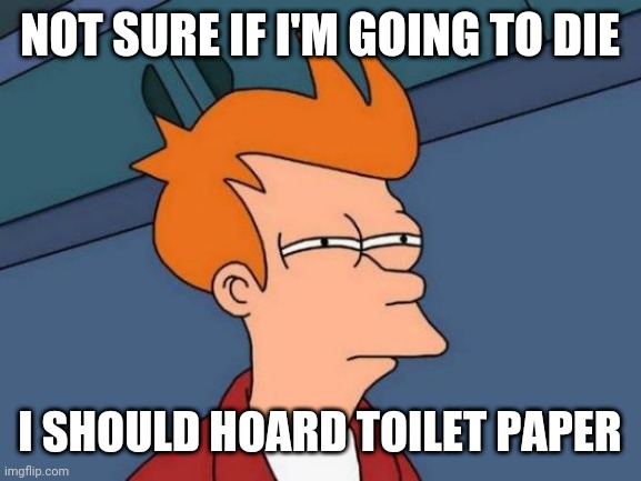 Futurama Fry | NOT SURE IF I'M GOING TO DIE; I SHOULD HOARD TOILET PAPER | image tagged in memes,futurama fry | made w/ Imgflip meme maker