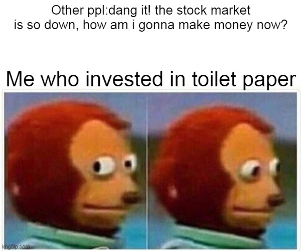 Monkey Puppet Meme | Other ppl:dang it! the stock market is so down, how am i gonna make money now? Me who invested in toilet paper | image tagged in memes,monkey puppet | made w/ Imgflip meme maker