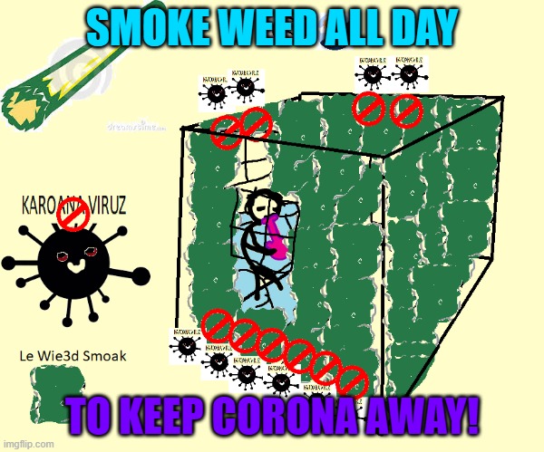 Weed-COVID19-Solution | SMOKE WEED ALL DAY; TO KEEP CORONA AWAY! | image tagged in weed-covid19-solution | made w/ Imgflip meme maker