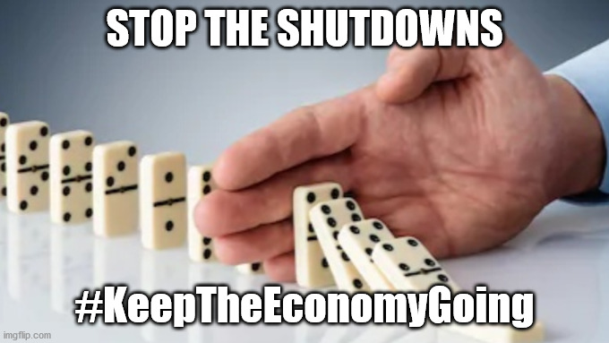 Thanks Gov. Kemp (R-GA) for NOT shutting down the state and for allowing responsible citizens the ability to work if they can. | STOP THE SHUTDOWNS; #KeepTheEconomyGoing | image tagged in hand stopping dominoes,government shutdown,coronavirus | made w/ Imgflip meme maker