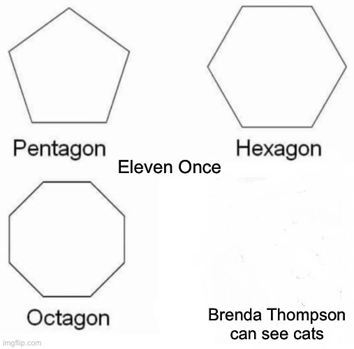 Pentagon Hexagon Octagon | Eleven Once; Brenda Thompson can see cats | image tagged in memes,pentagon hexagon octagon | made w/ Imgflip meme maker