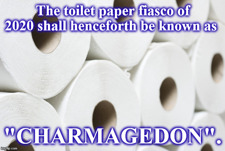 tp | The toilet paper fiasco of 2020 shall henceforth be known as; "CHARMAGEDON". | image tagged in tp | made w/ Imgflip meme maker