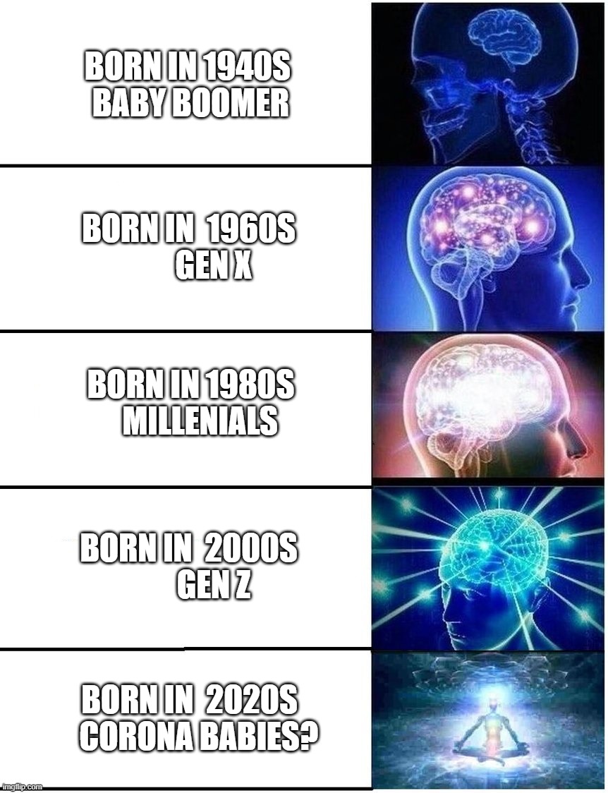 Can we all agree for future? | BORN IN 1940S  BABY BOOMER; BORN IN  1960S         GEN X; BORN IN 1980S    MILLENIALS; BORN IN  2000S         GEN Z; BORN IN  2020S    CORONA BABIES? | image tagged in expanding brain 5 panel | made w/ Imgflip meme maker