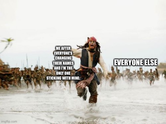 Jack Sparrow Being Chased Meme | ME AFTER EVERYONE’S CHANGING THEIR NAMES AND I’M THE ONLY ONE STICKING WITH MINE:; EVERYONE ELSE | image tagged in memes,jack sparrow being chased | made w/ Imgflip meme maker