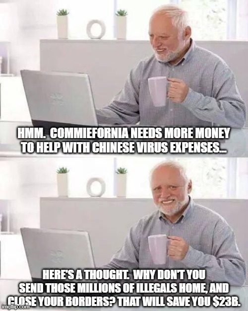 Hindsight is 20/20, especially when it's foresight for everyone else. | HMM.  COMMIEFORNIA NEEDS MORE MONEY TO HELP WITH CHINESE VIRUS EXPENSES... HERE'S A THOUGHT.  WHY DON'T YOU SEND THOSE MILLIONS OF ILLEGALS HOME, AND CLOSE YOUR BORDERS? THAT WILL SAVE YOU $23B. | image tagged in memes,hide the pain harold,libtards,liberal logic | made w/ Imgflip meme maker